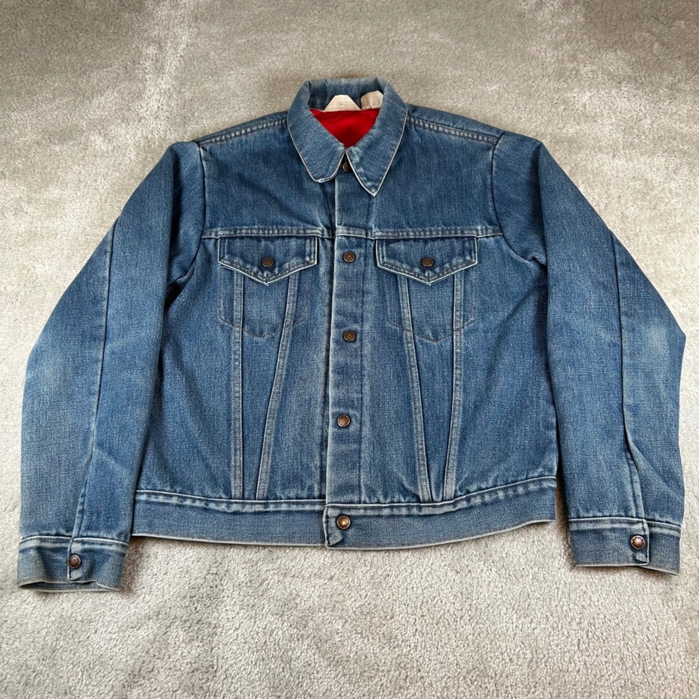 Vintage JCPenney Denim Trucker Jacket Mens 42 Blue Quilted Red Lined Workwear